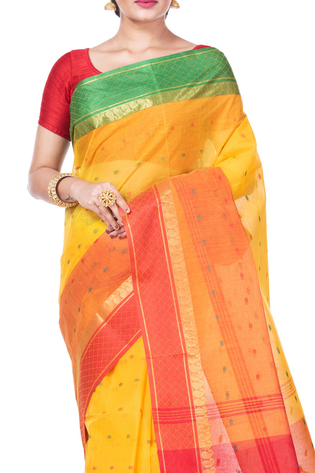 Yellow Pure Cotton Ganga Jamuna_Buti Tant Saree (650)